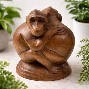 Vintage Hand Carved Wooden Monkey Figurine Hugging Pose Boho Tribal Decor